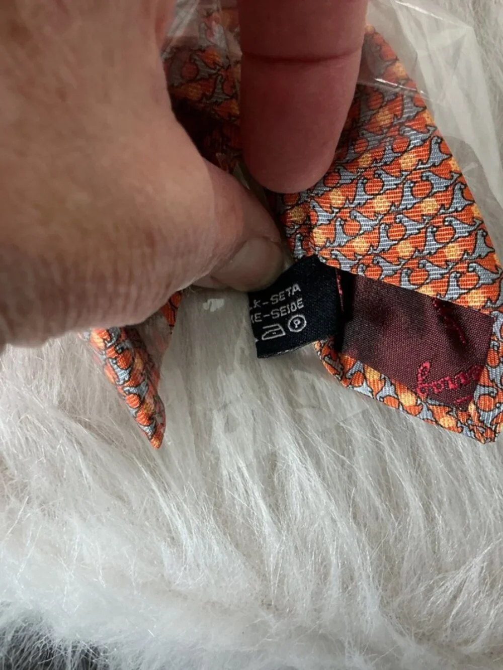 Salvatore Ferragamo Gray, Orange, Yellow, Seal Print Silk Tie NWOT